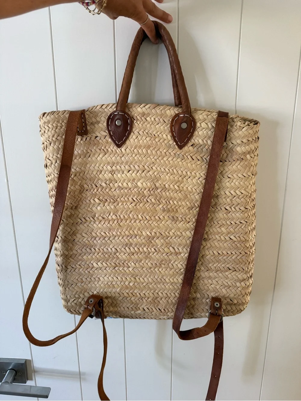 Woven Straw Tote Backpack with Brown Leather Straps
